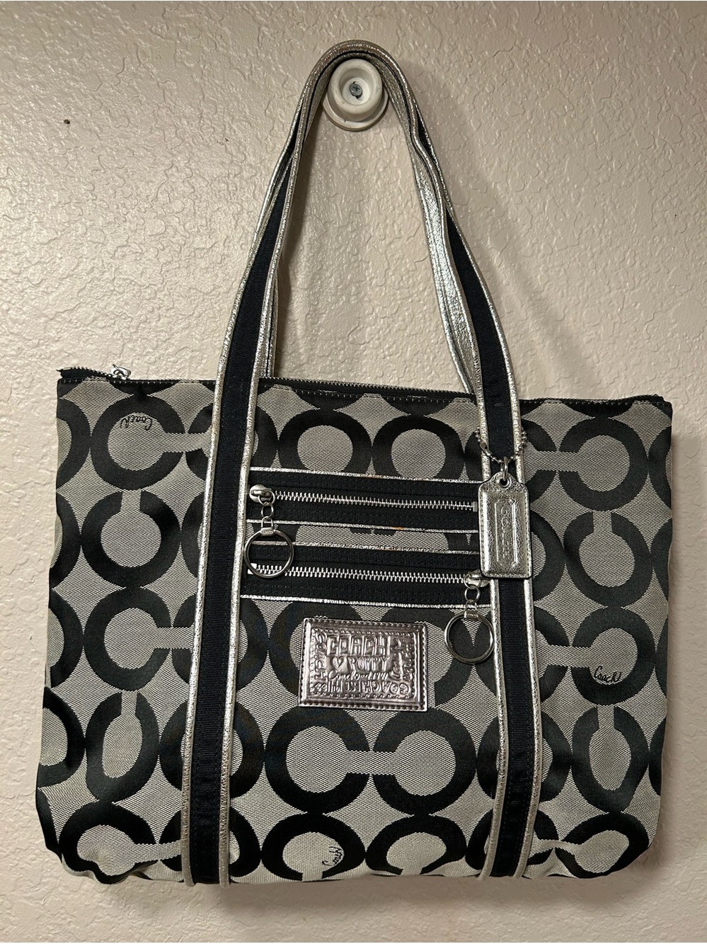 Coach Black and Silver Signature Circle Tote